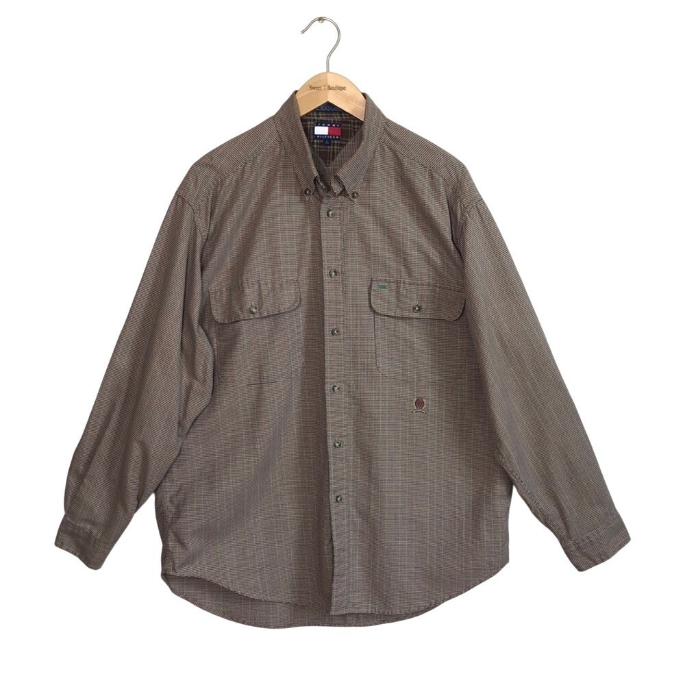 TOMMY HILFIGER Men L Vintage Long Sleeve Brown Micro Houndstooth Cotton Shirt